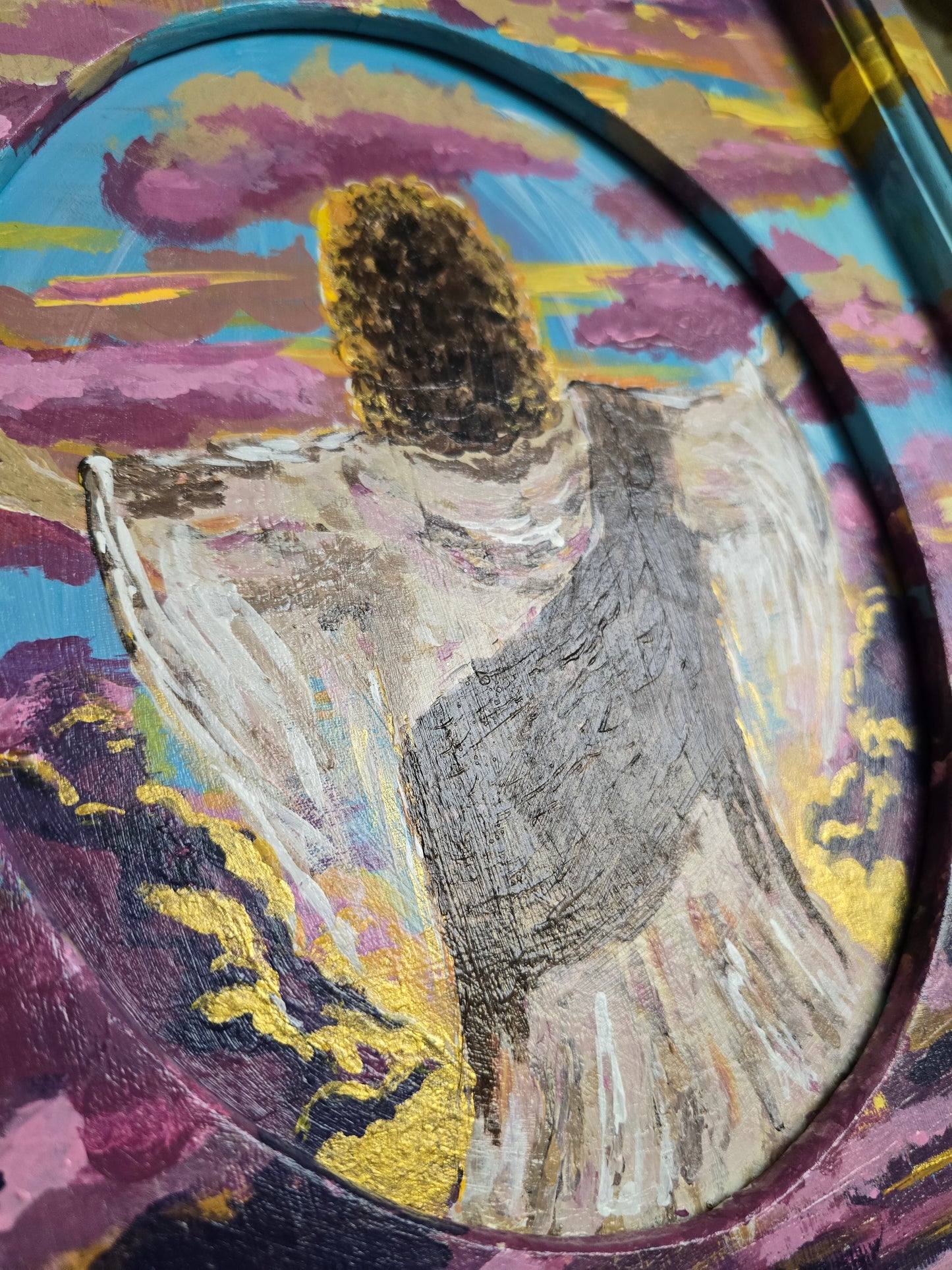 13x14in Jesus Is Coming In The Clouds. Original Painted Art. Canvas Inside Wooden Frame.