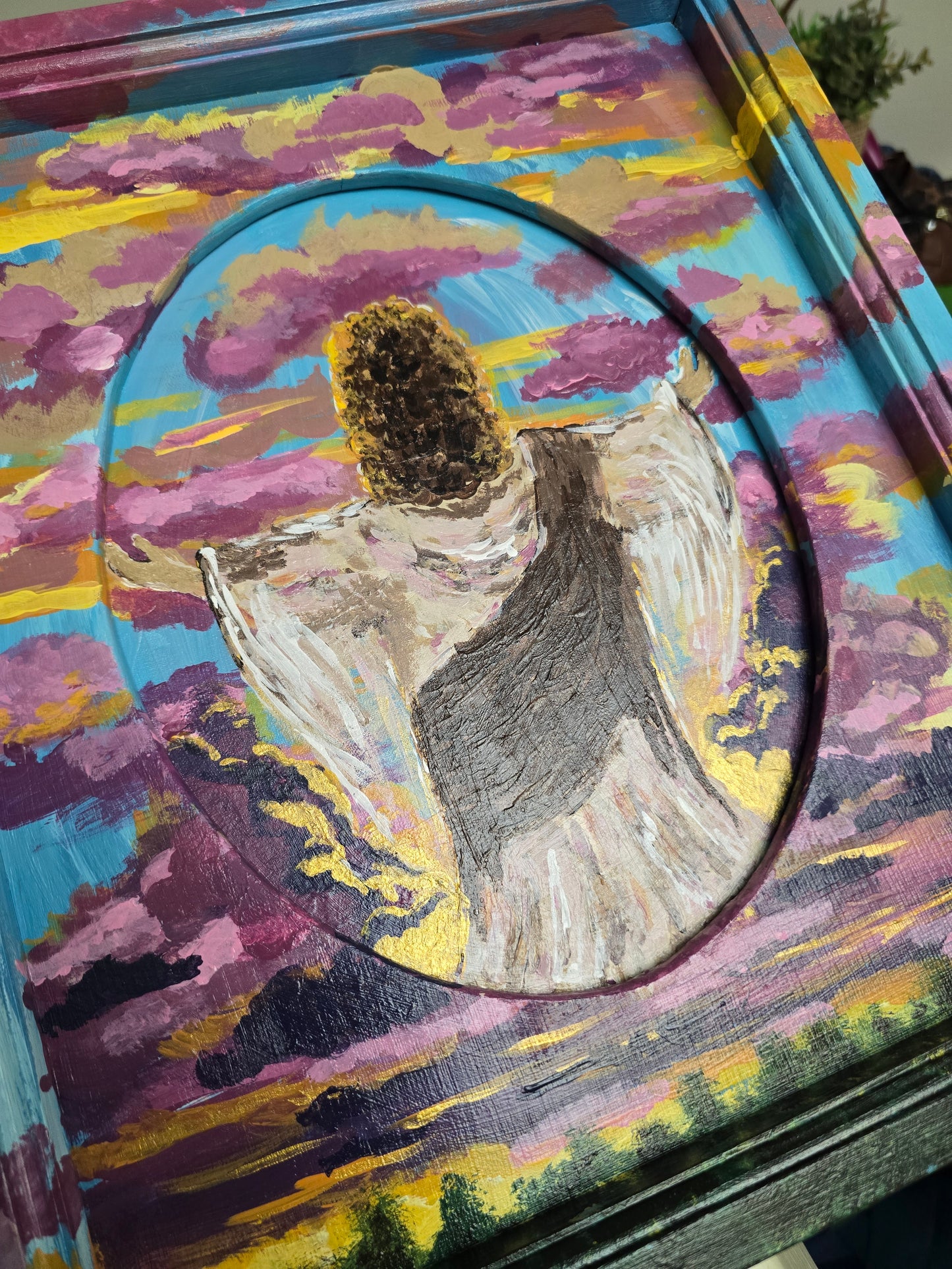 13x14in Jesus Is Coming In The Clouds. Original Painted Art. Canvas Inside Wooden Frame.
