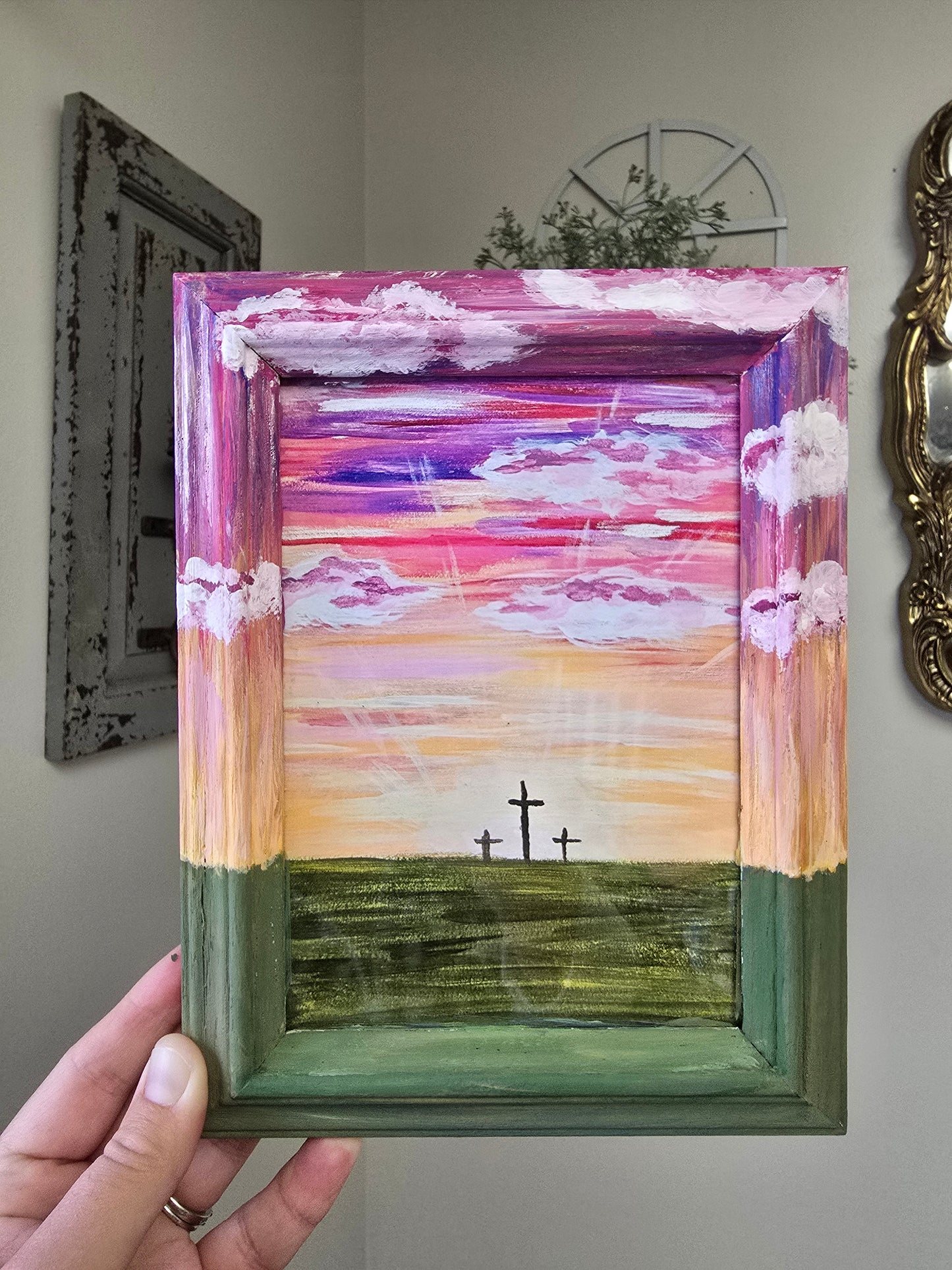 8.5x6.5in From Sunrise to Sunset His Name is To Be Praised. Print Inside Orignal Painted Wooden Frame.