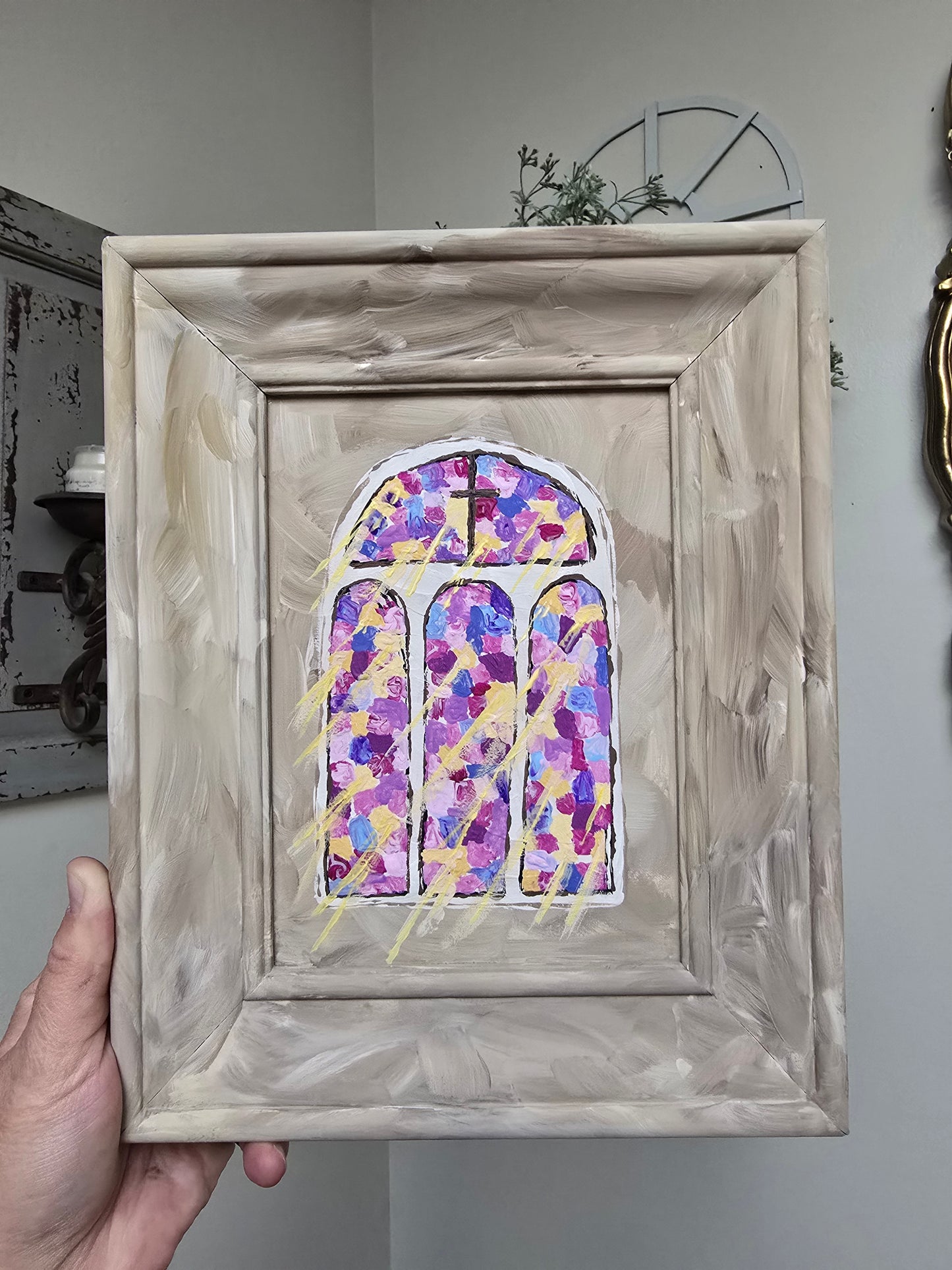 8x10in. Church Stained Glass. Original Painted Art. Canvas Inside Wooden Frame.