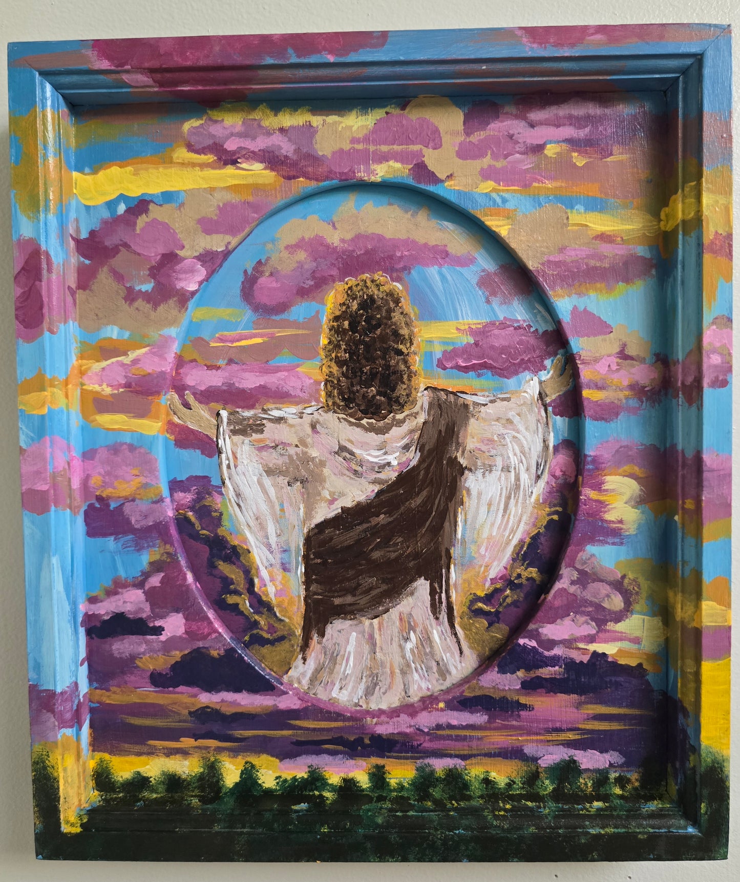 13x14in Jesus Is Coming In The Clouds. Original Painted Art. Canvas Inside Wooden Frame.