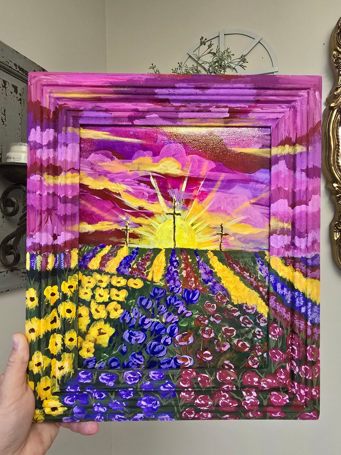 11.5x13.5in Fields Of Peace. Canvas Print Inside Original Wooden Painted Frame.
