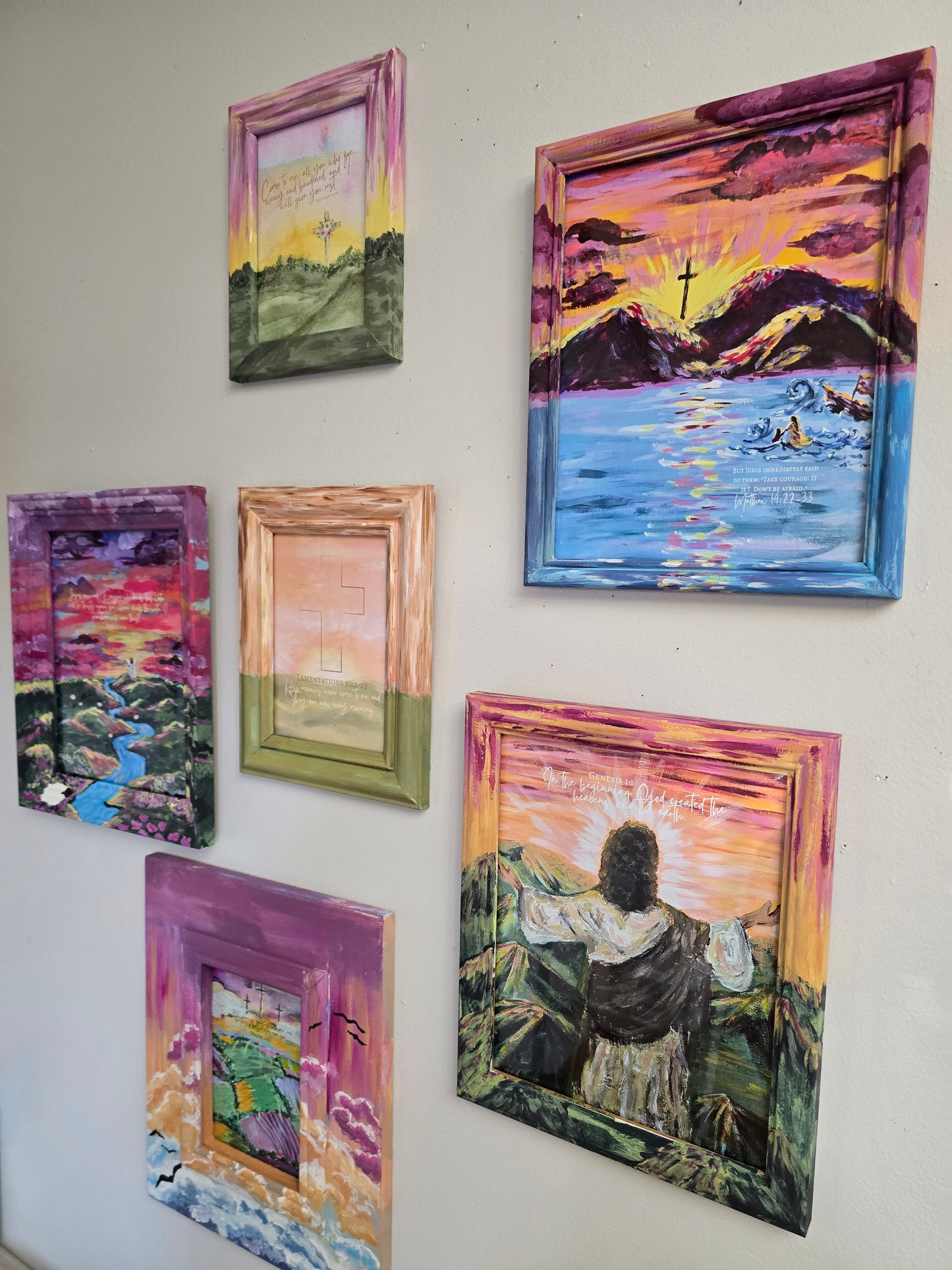 10x12in. In The Beginning, God Created The Heavens and The Earth. Print Inside Orignal Painted Wooden Frame.