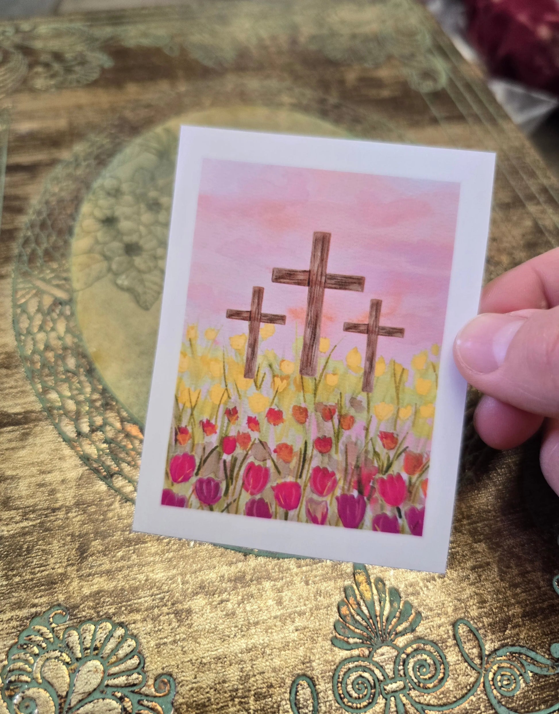 Cross In Tulip Field. Artwork Vinyl Waterproof Sticker. Honey Bee Mine