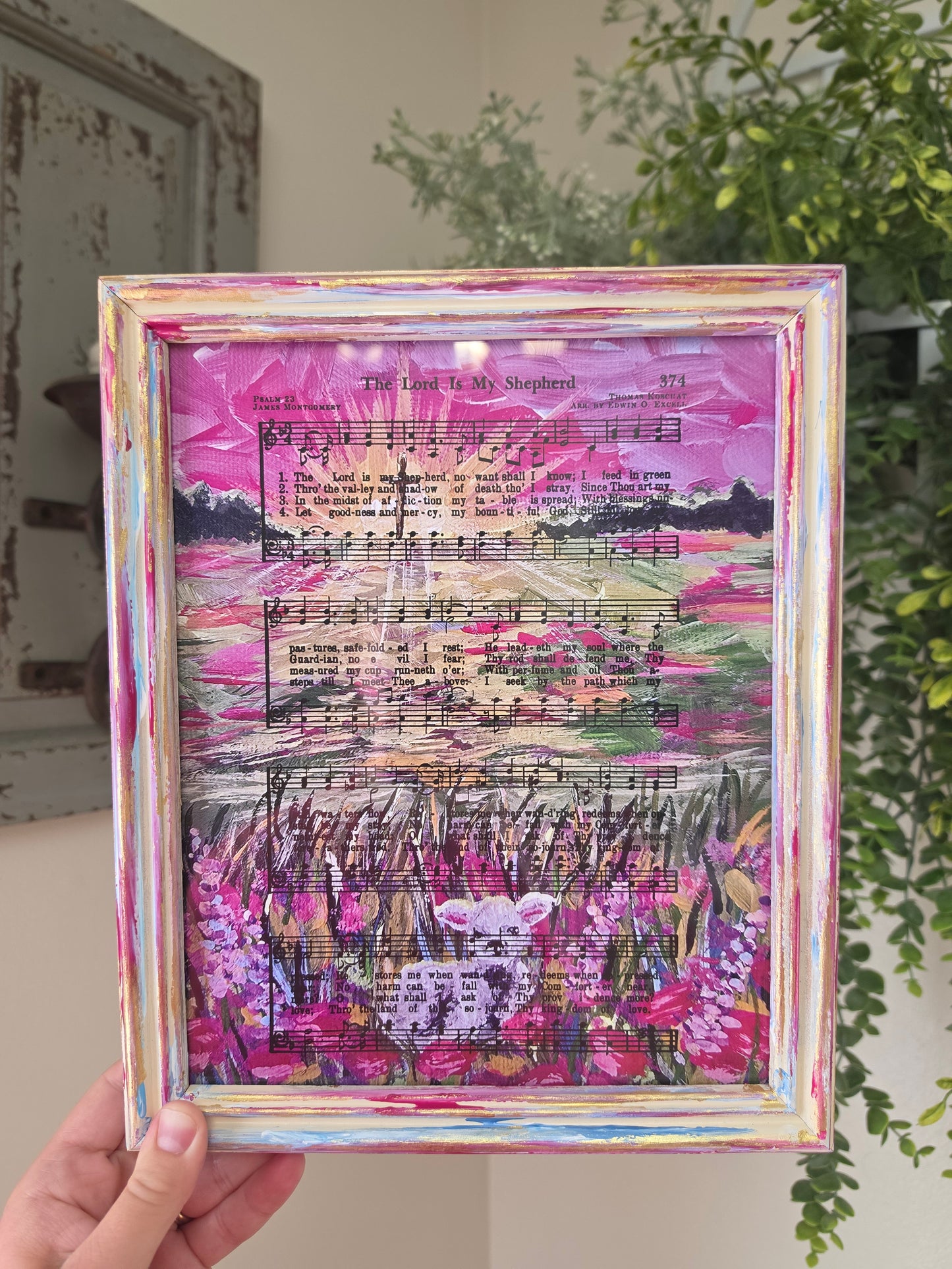 The Lord Is My Shepherd Hymn On HBM Artwork. Inside Hand Painted Frame.