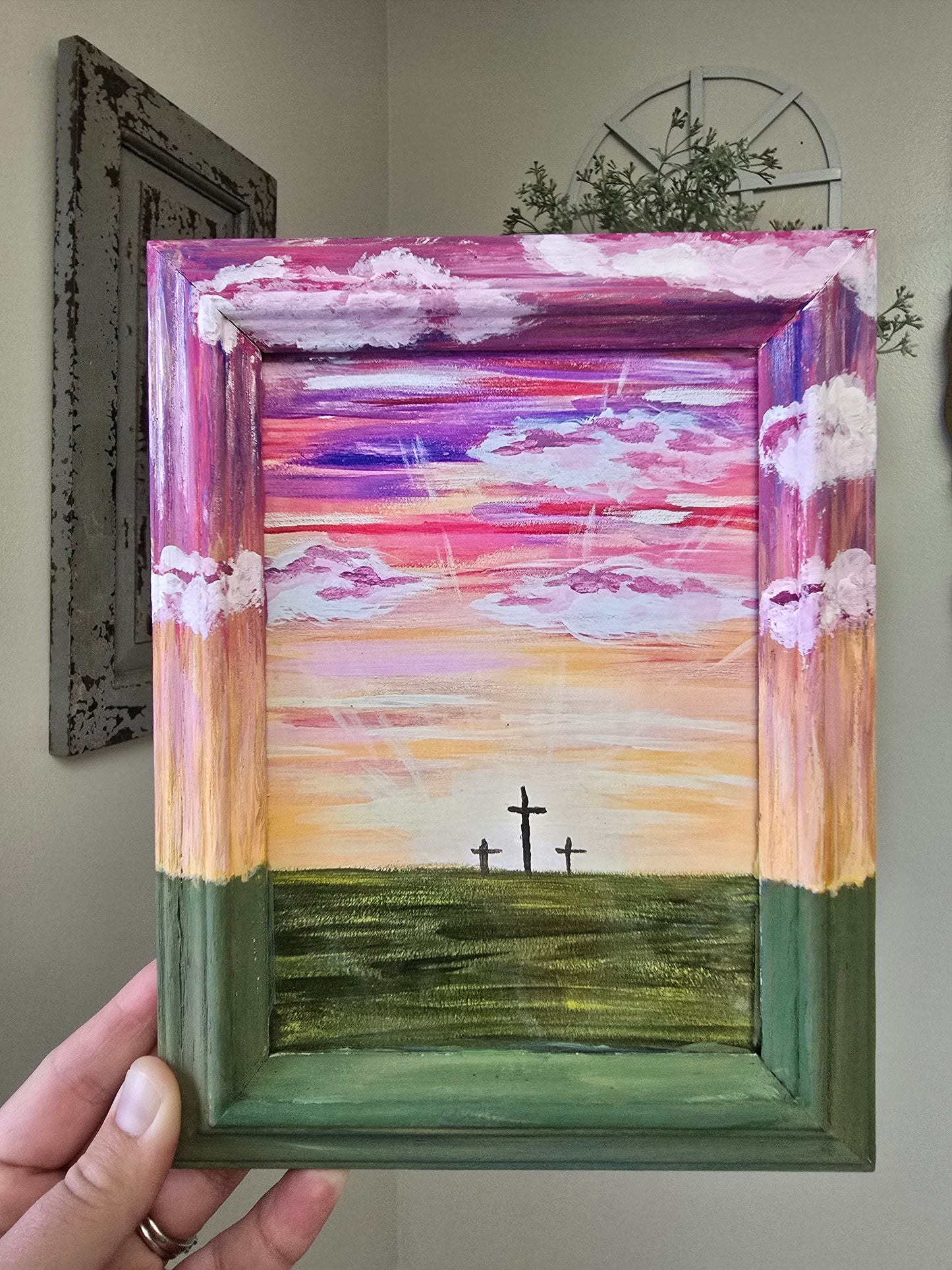 8.5x6.5in From Sunrise to Sunset His Name is To Be Praised. Print Inside Orignal Painted Wooden Frame.