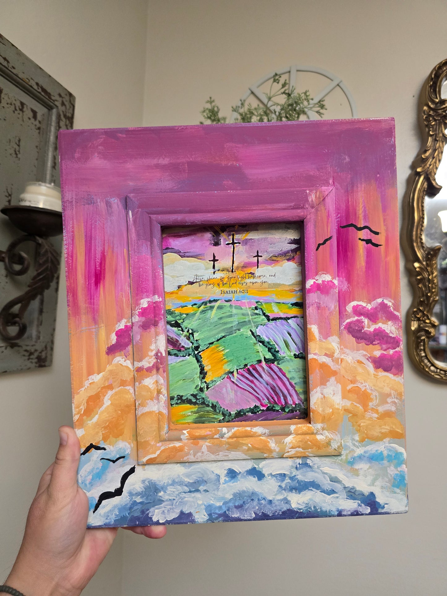 11x13in. Arise and Shine. Print Inside Orignal Painted Wooden Frame.