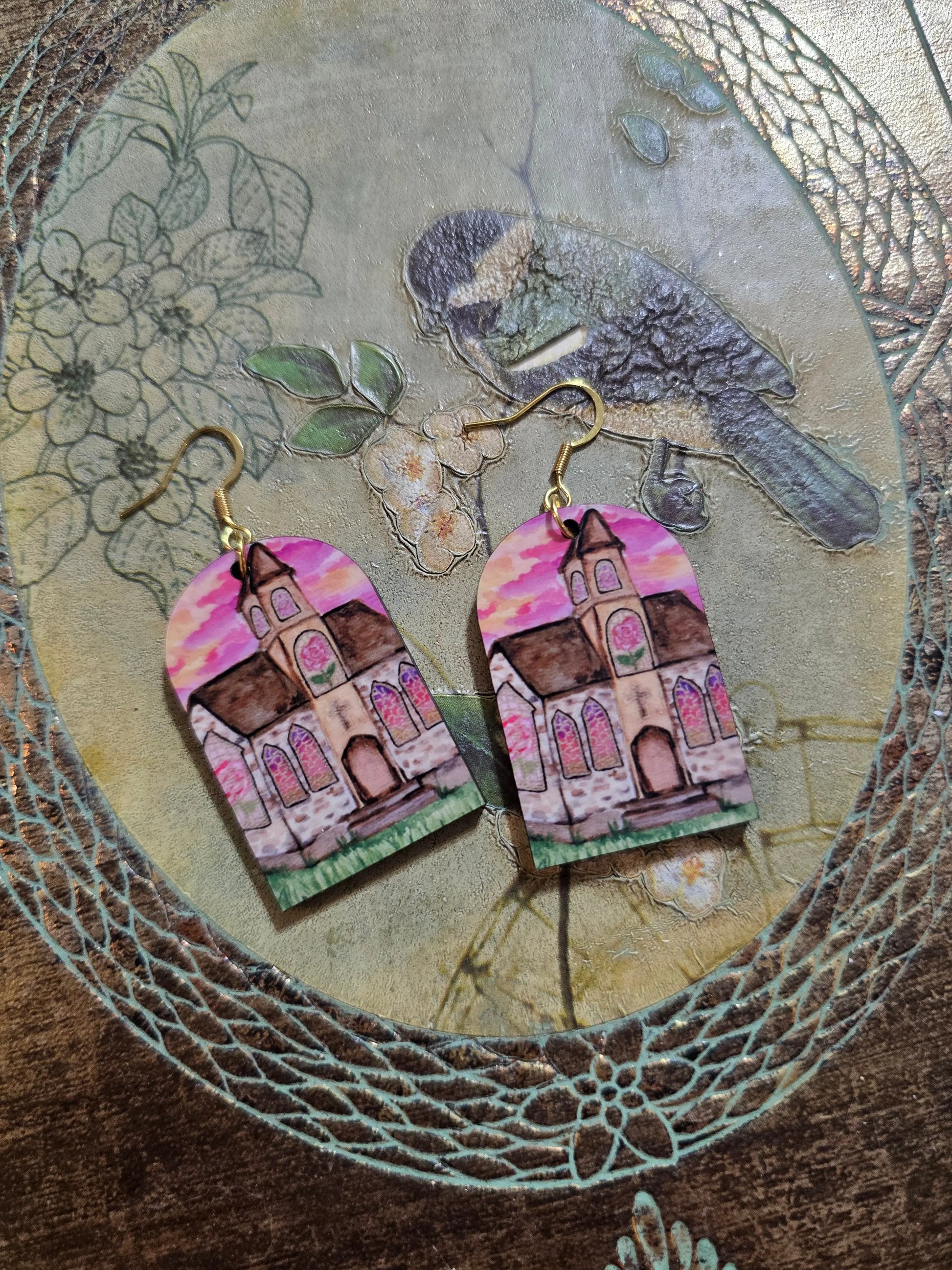 Thanks Be To God Church Artwork Earrings. Honey Bee Mine