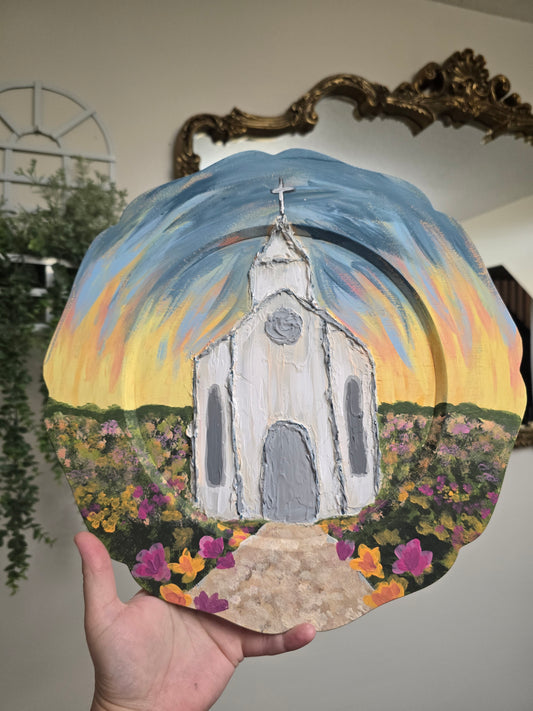 Church In A Flower Field Original Painting.