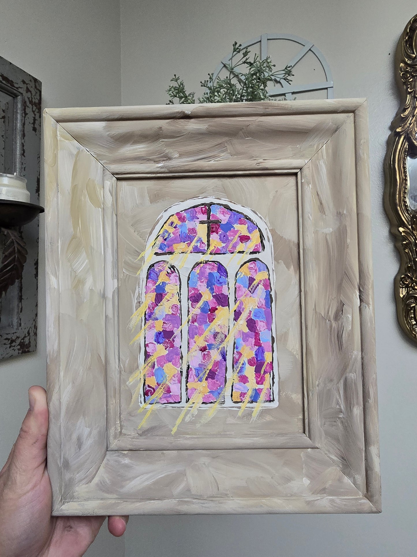 8x10in. Church Stained Glass. Original Painted Art. Canvas Inside Wooden Frame.