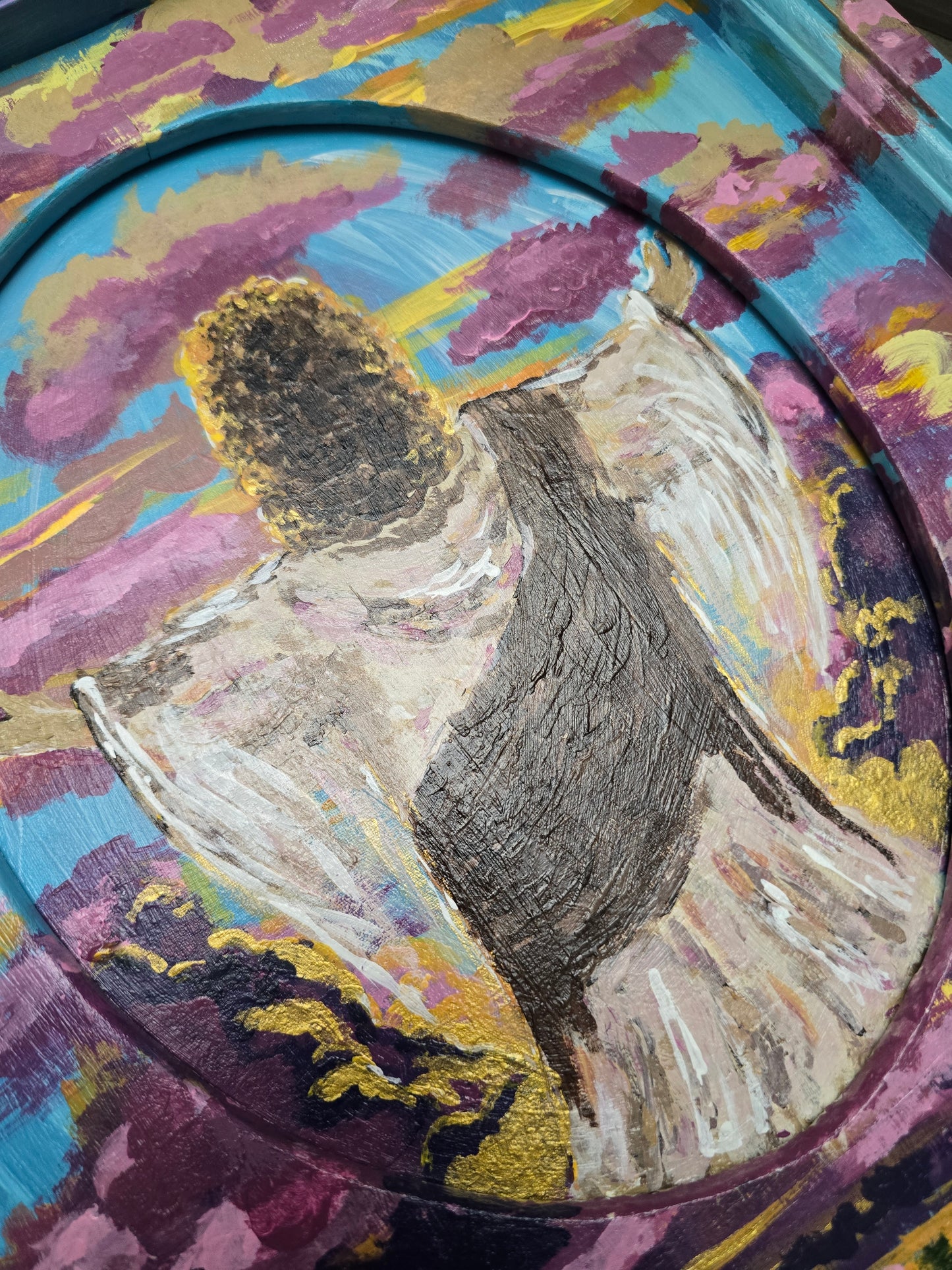 13x14in Jesus Is Coming In The Clouds. Original Painted Art. Canvas Inside Wooden Frame.