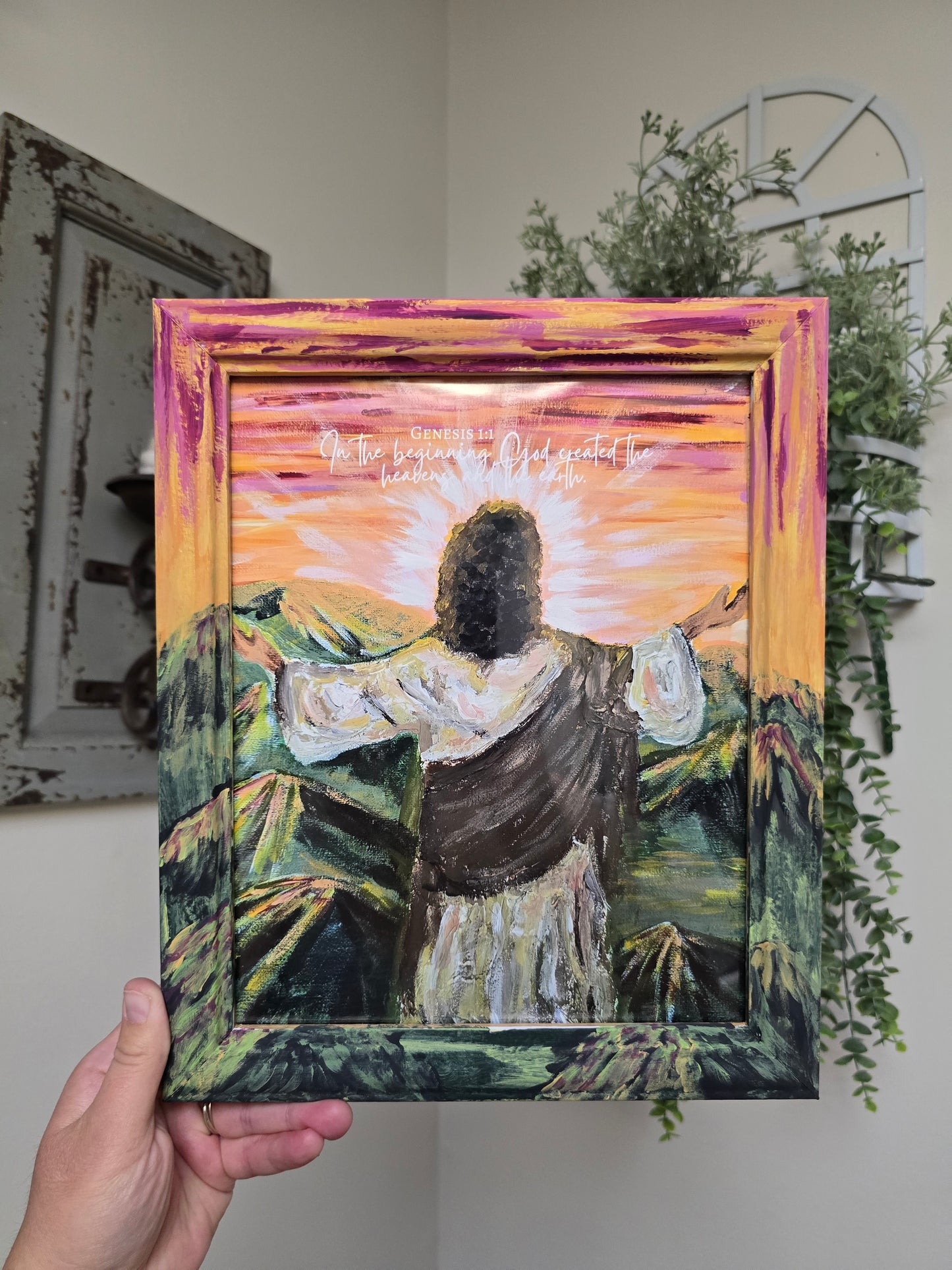10x12in. In The Beginning, God Created The Heavens and The Earth. Print Inside Orignal Painted Wooden Frame.