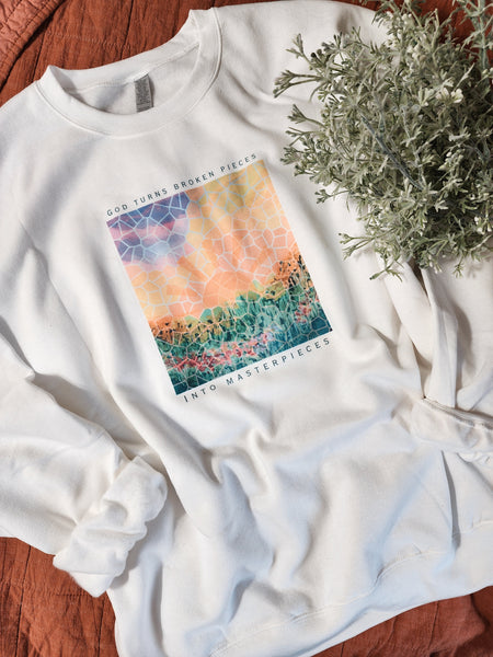 He Turns Broken Pieces Into Masterpieces White Crewneck Sweatshirt. – Honey  Bee Mine