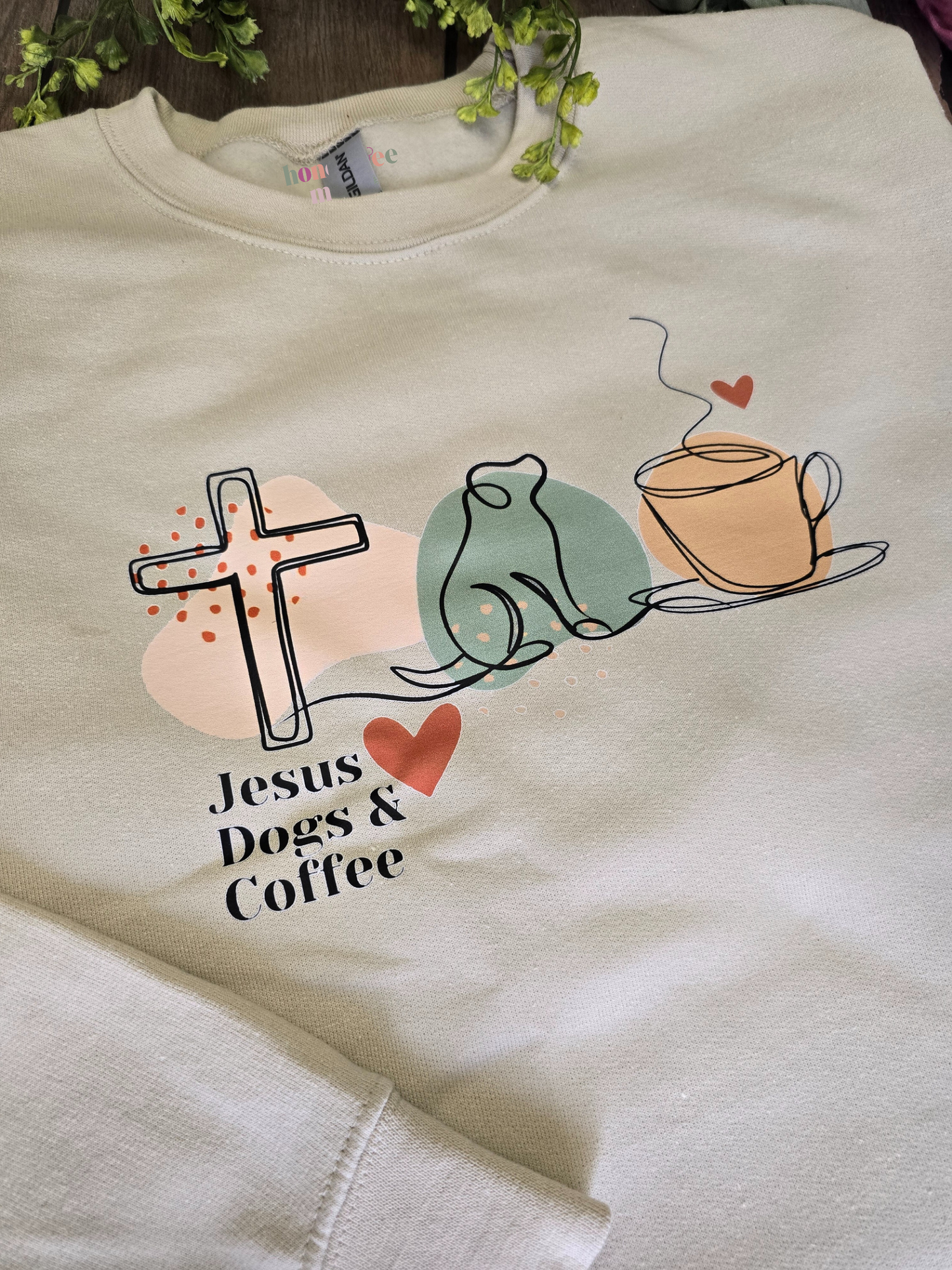 Jesus Dogs & Coffee. Sandstone Color Crewneck Sweatshirt.