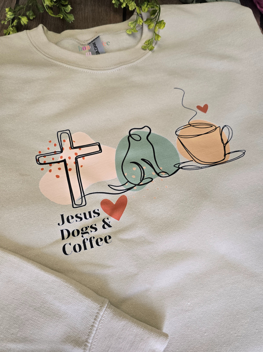 Jesus Dogs & Coffee. Sandstone Color Crewneck Sweatshirt.