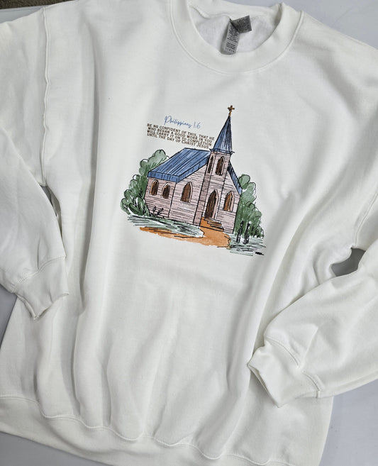 Size Large. He Will Carry it To Completion. White Crewneck Sweatshirt.