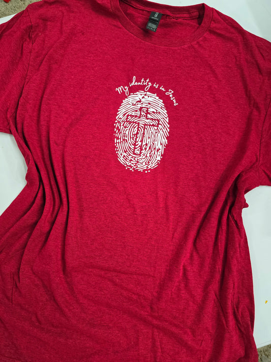 Size Large. My Identity is in Jesus. Heathered Red Tee.