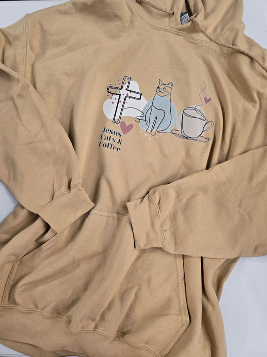 Size XL. Jesus Cats and Coffee. Vintage Sandstone Hoodie.