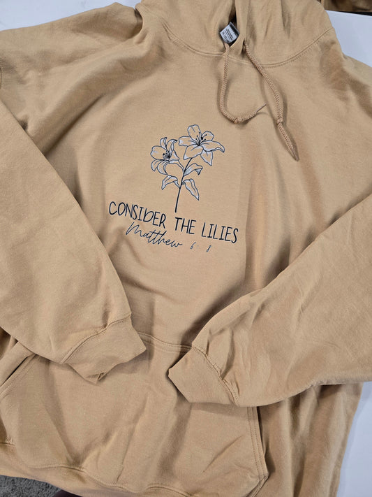 Size 2x. Consider The Lilies. Vintage Sandstone Hoodie.