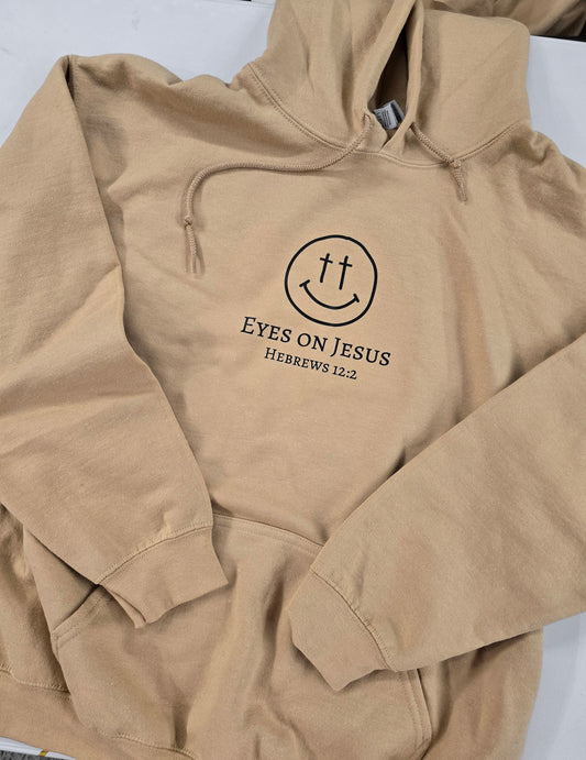 Size Large. Eyes on Jesus. Vintage Sandstone Hoodie.