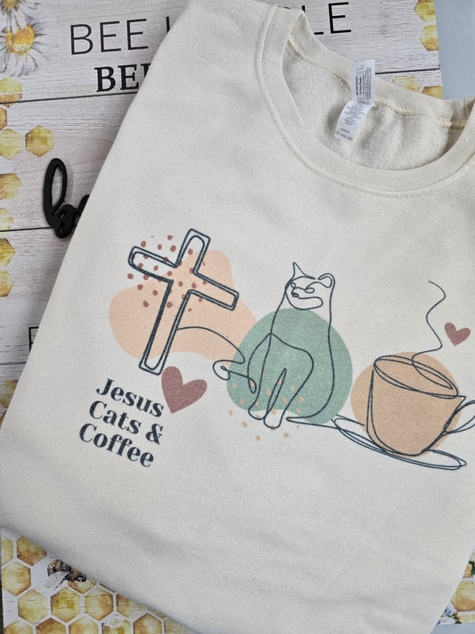 Jesus Cats and Coffee. Sweet Cream Crewneck Sweatshirt. Size 2X.