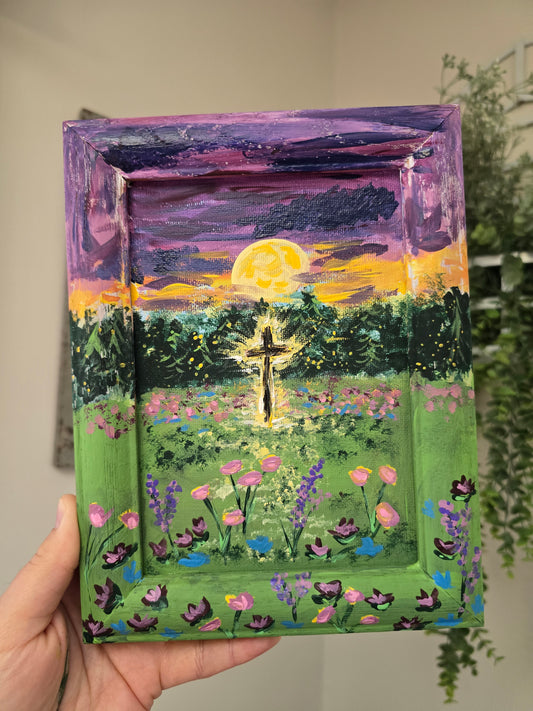 7x9in The Light Shines In The Darkness. John 1:5. Original Artwork Panel Canvas Inside Painted Wooden Frame.