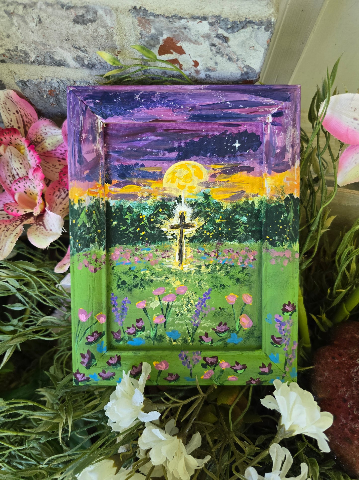 7x9in The Light Shines In The Darkness. John 1:5. Original Artwork Panel Canvas Inside Painted Wooden Frame.