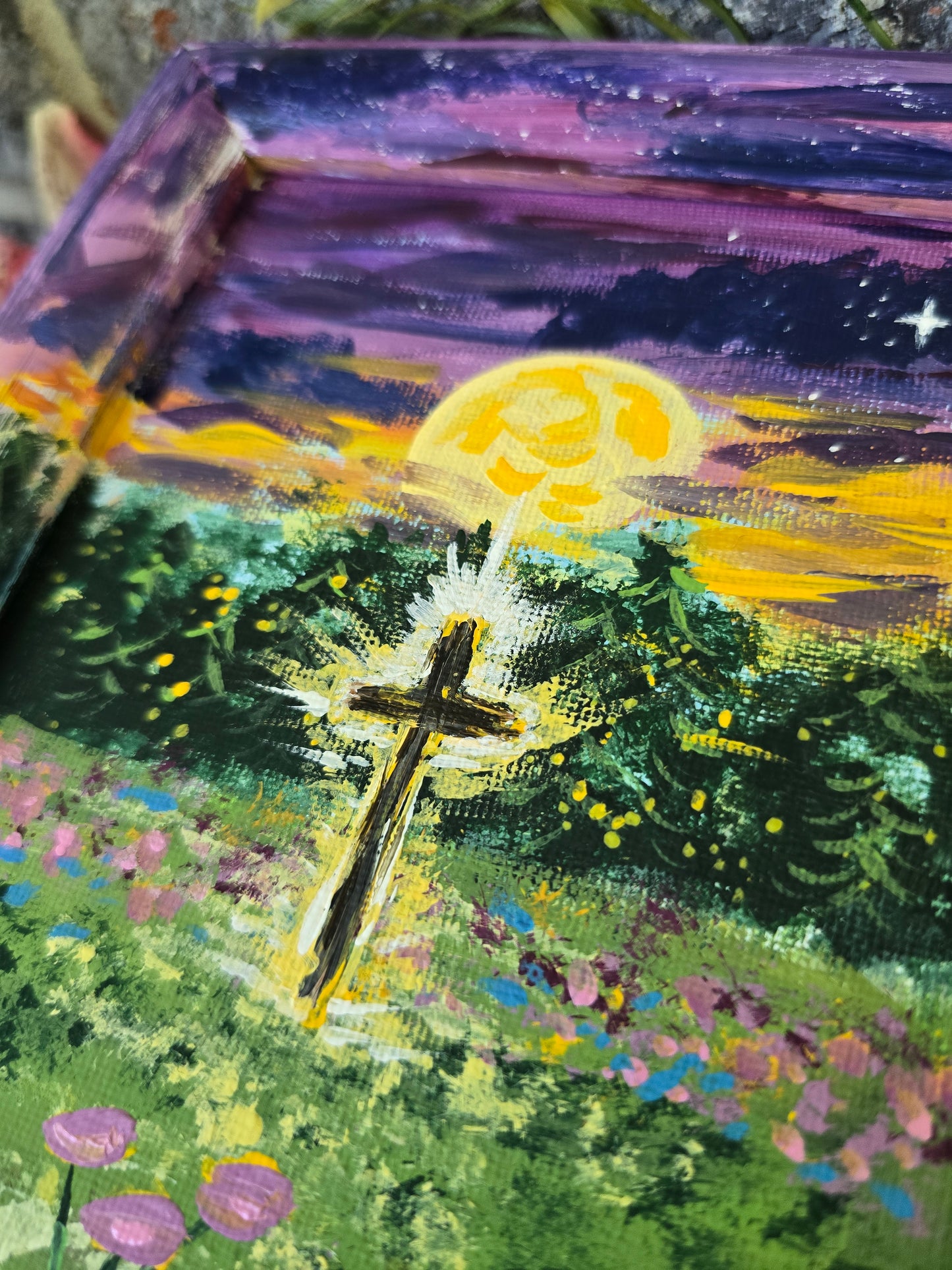 7x9in The Light Shines In The Darkness. John 1:5. Original Artwork Panel Canvas Inside Painted Wooden Frame.