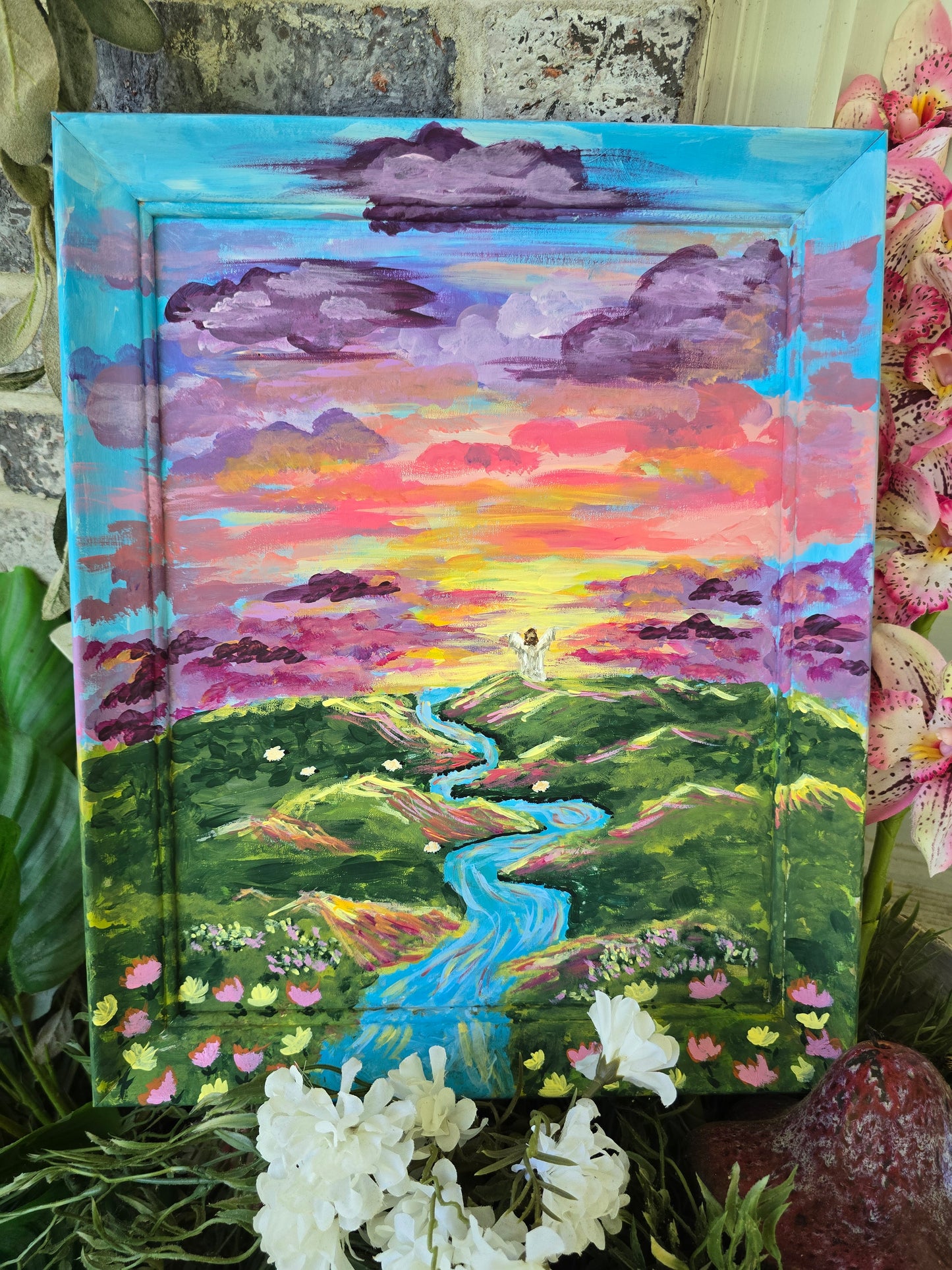 13x16in Living Waters. John 4:13-14. Original Artwork Panel Canvas Inside Painted Wooden Frame.