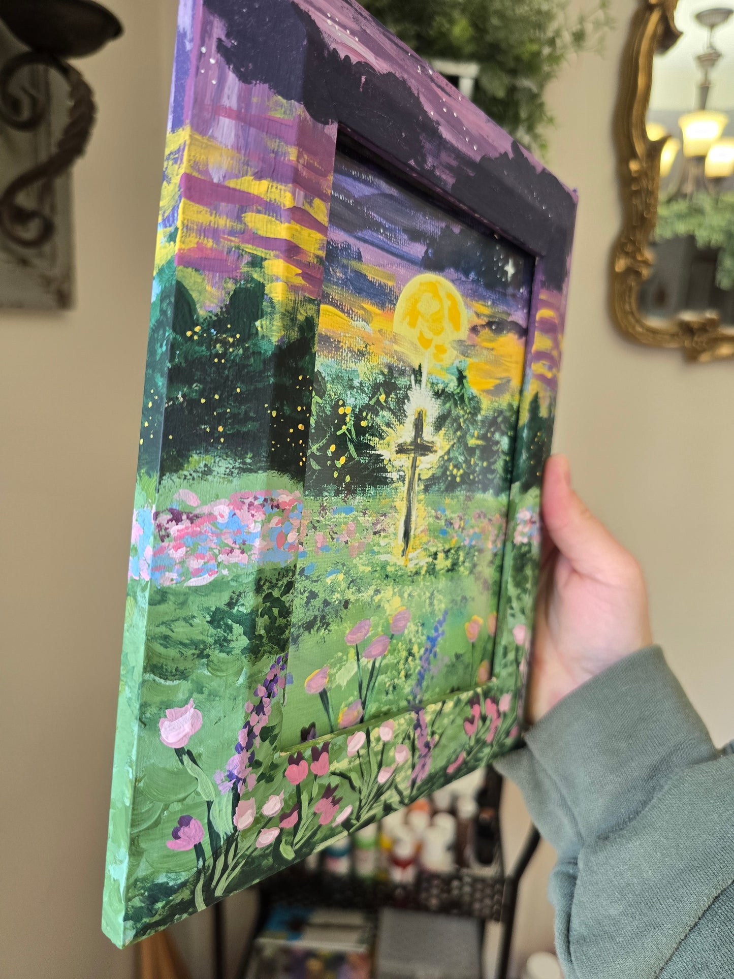 7.5x9.5in The Light Shines In The Darkness. Print Inside Original Painted Wooden Frame.