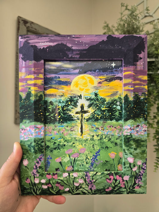 7.5x9.5in The Light Shines In The Darkness. Print Inside Original Painted Wooden Frame.