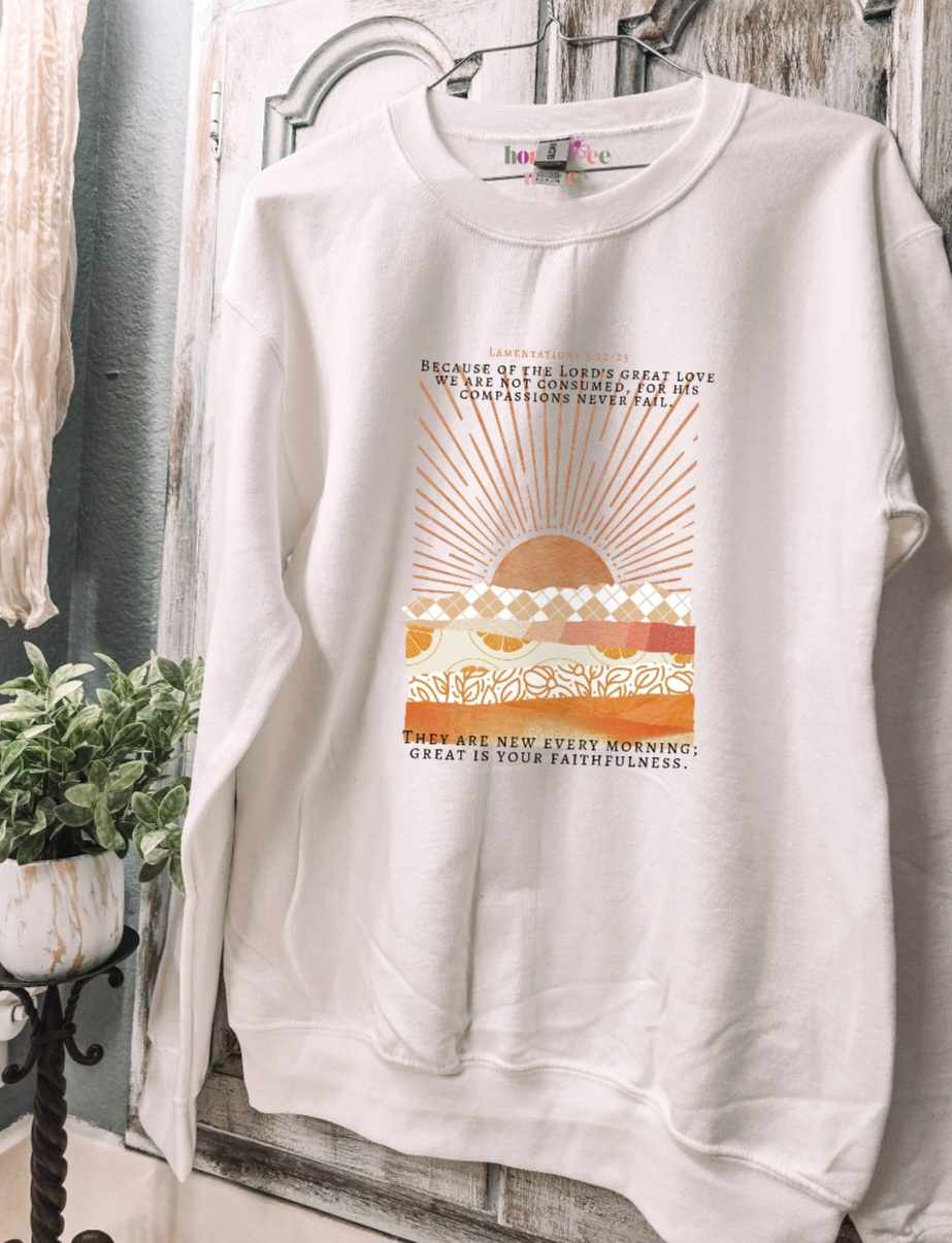 Patchwork His Mercies Are New Every Morning. White Crewneck Sweatshirt.