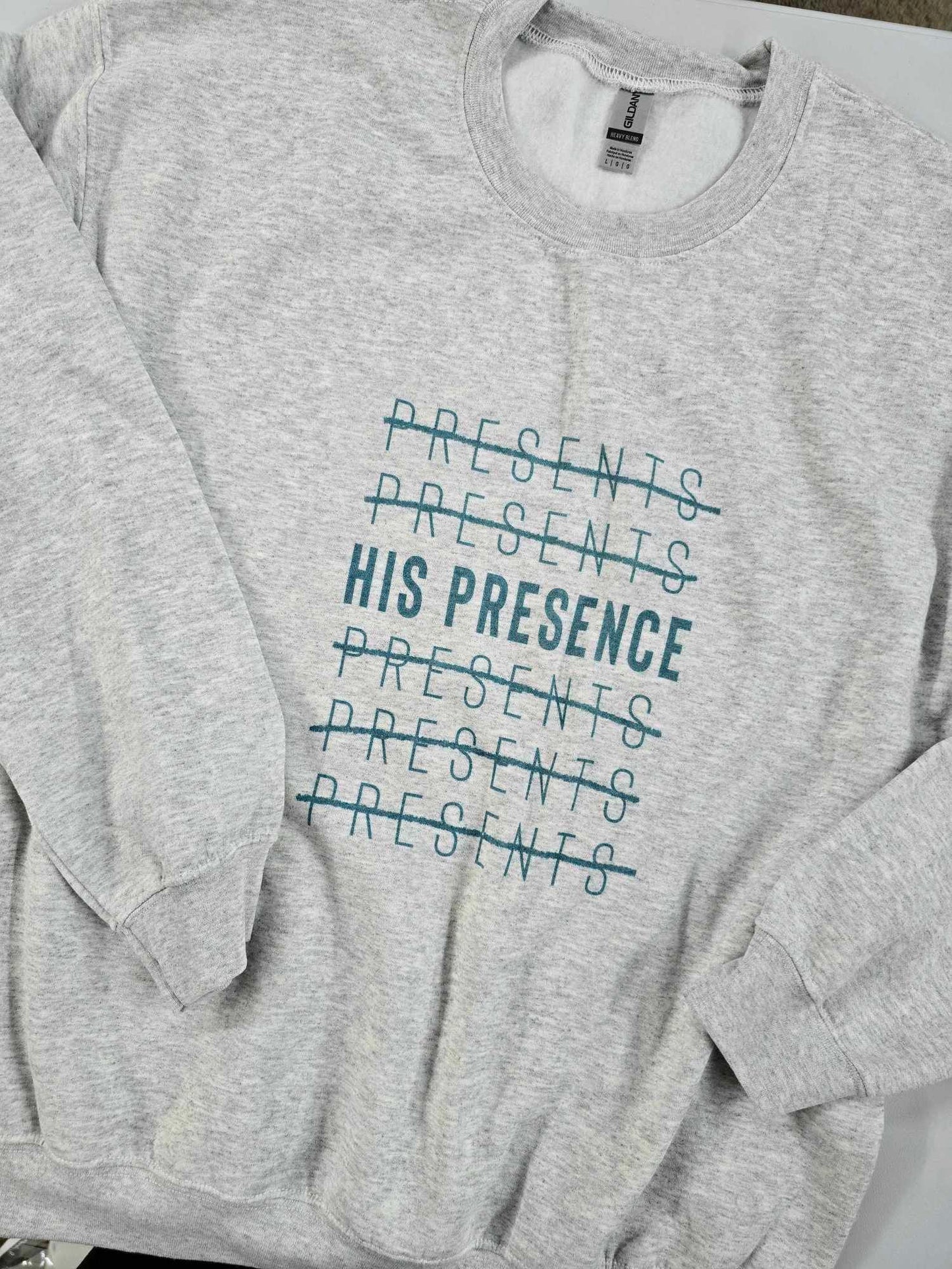 Size Large. Christmas His Presence. Pearl Grey Crewneck.