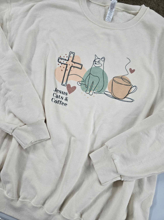 Size 2x. Jesus Cats and Coffee. Sweet Cream Crewneck.