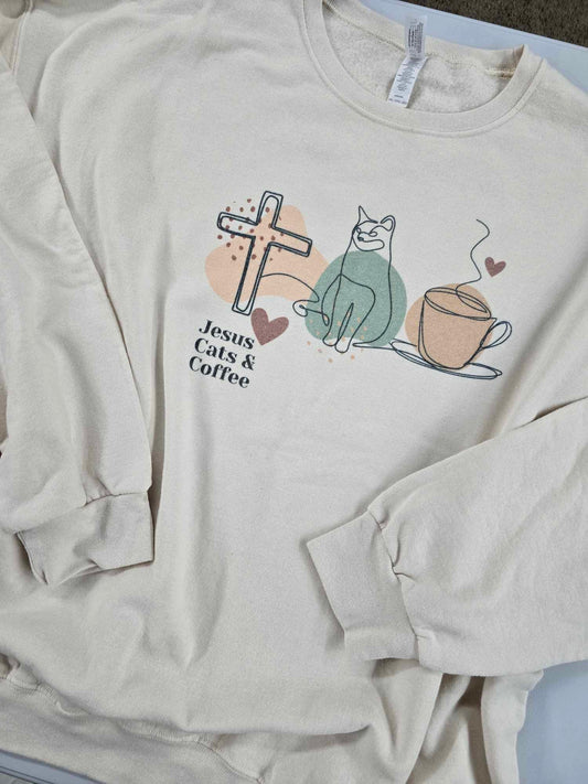 Size 2X. Jesus Cats and Coffee. Sweet Cream Crewneck.