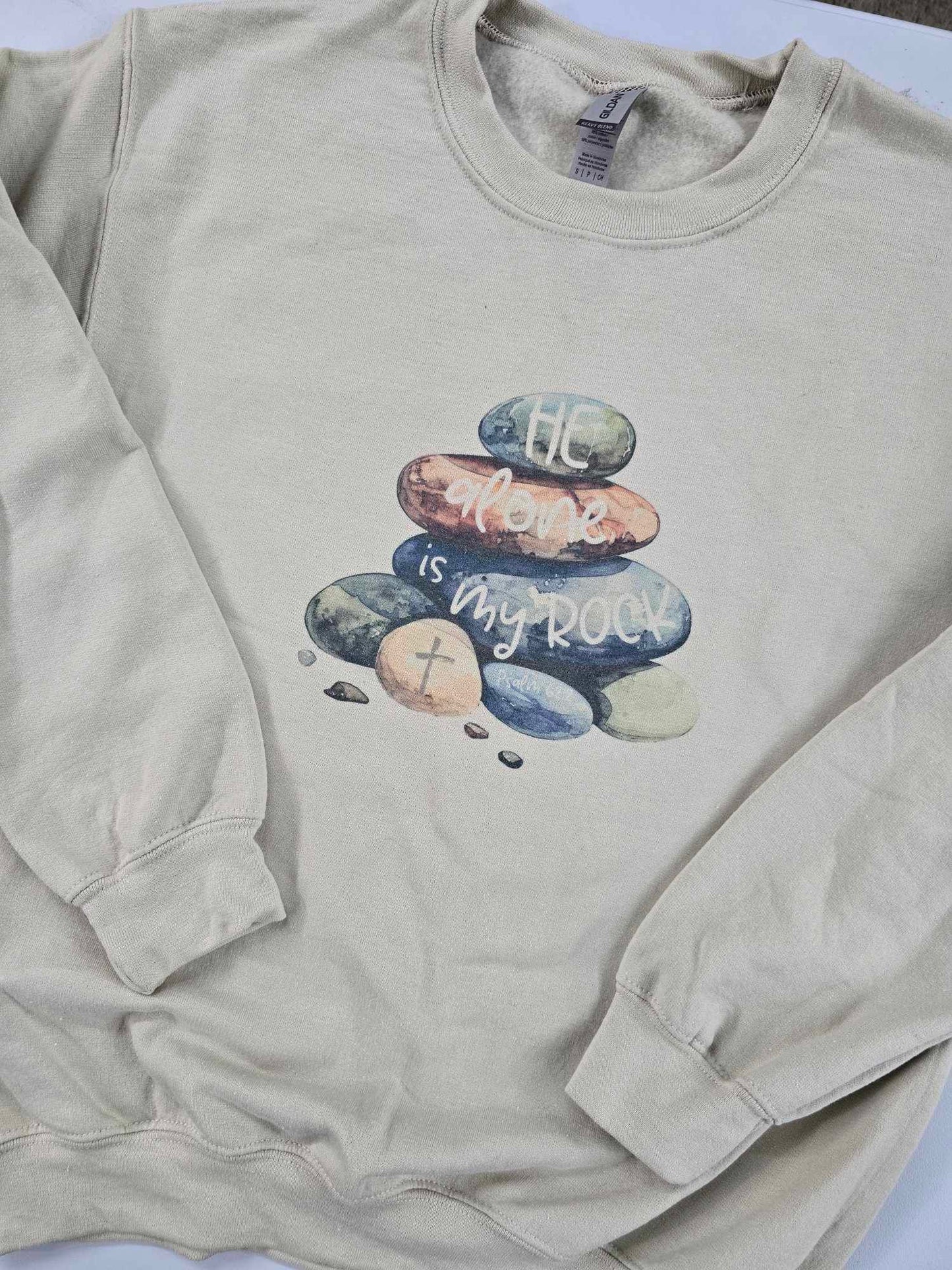 Size Small. He Alone is My Rock. Sandstone Crewneck.