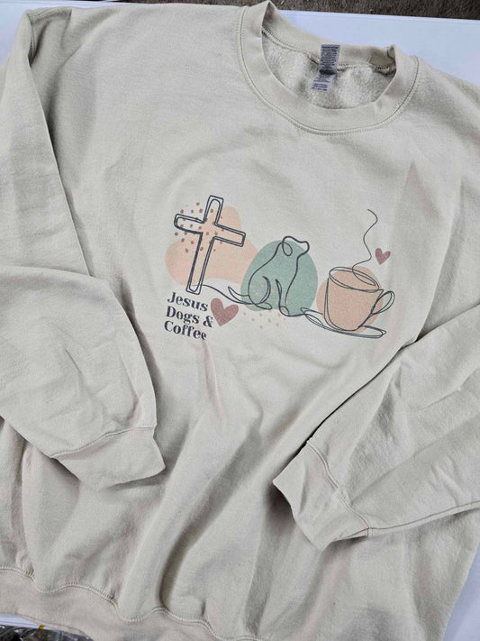 Size 2X. Jesus Dogs and Coffee. Sandstone Crewneck.