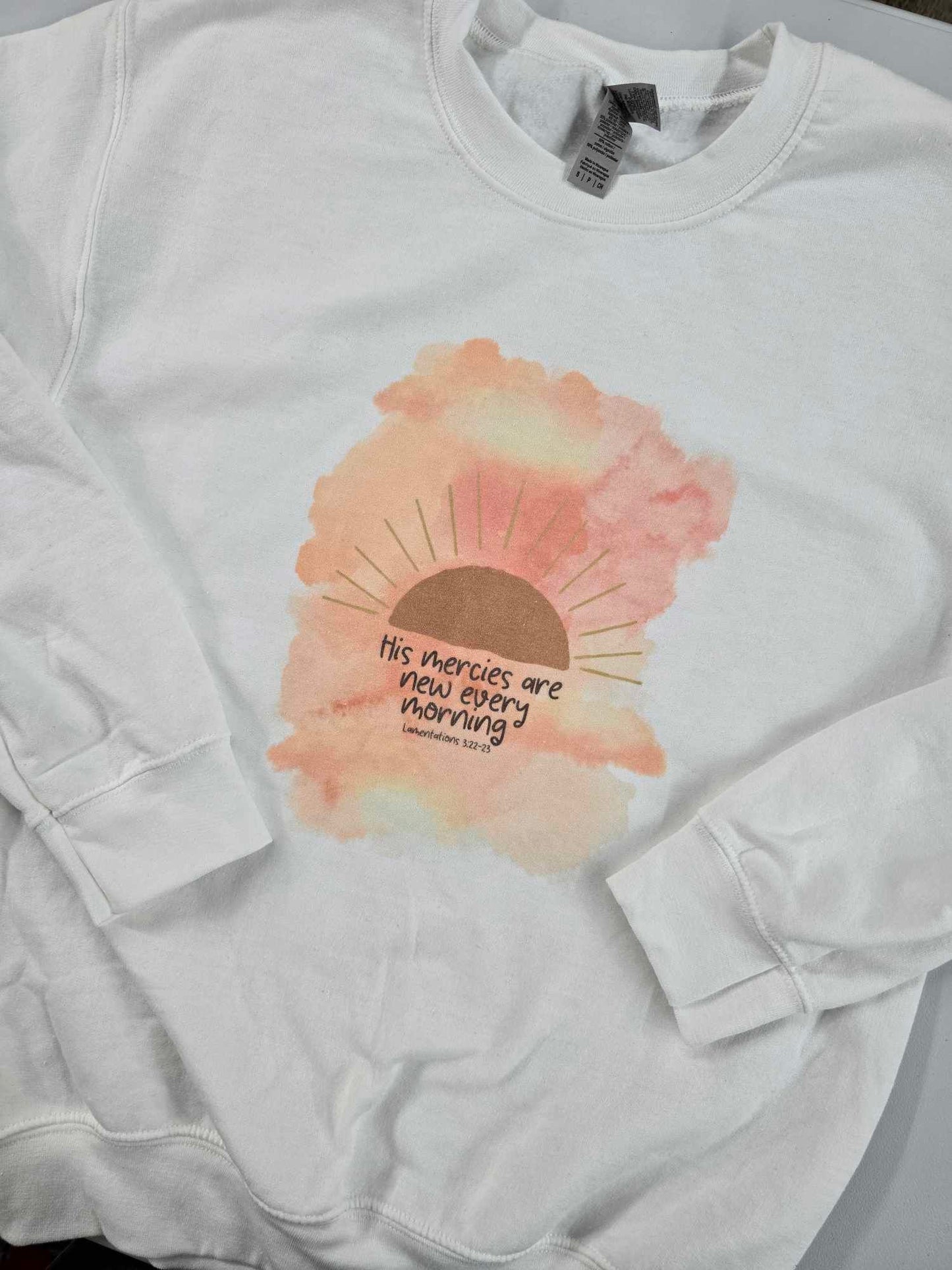 Size Small. His Mercies are New Every Morning. White Crewneck.