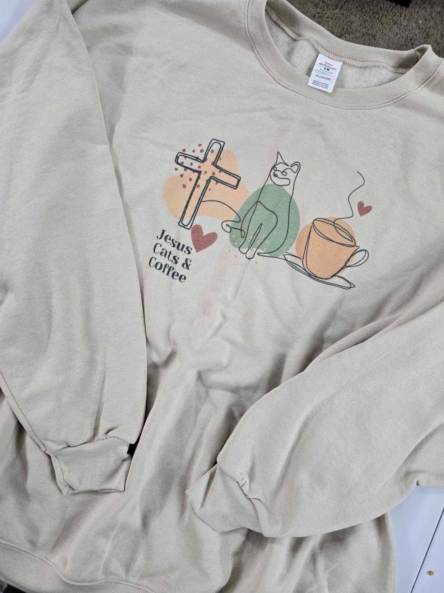 Size 3X. Jesus Cats and Coffee. Sandstone Crewneck.