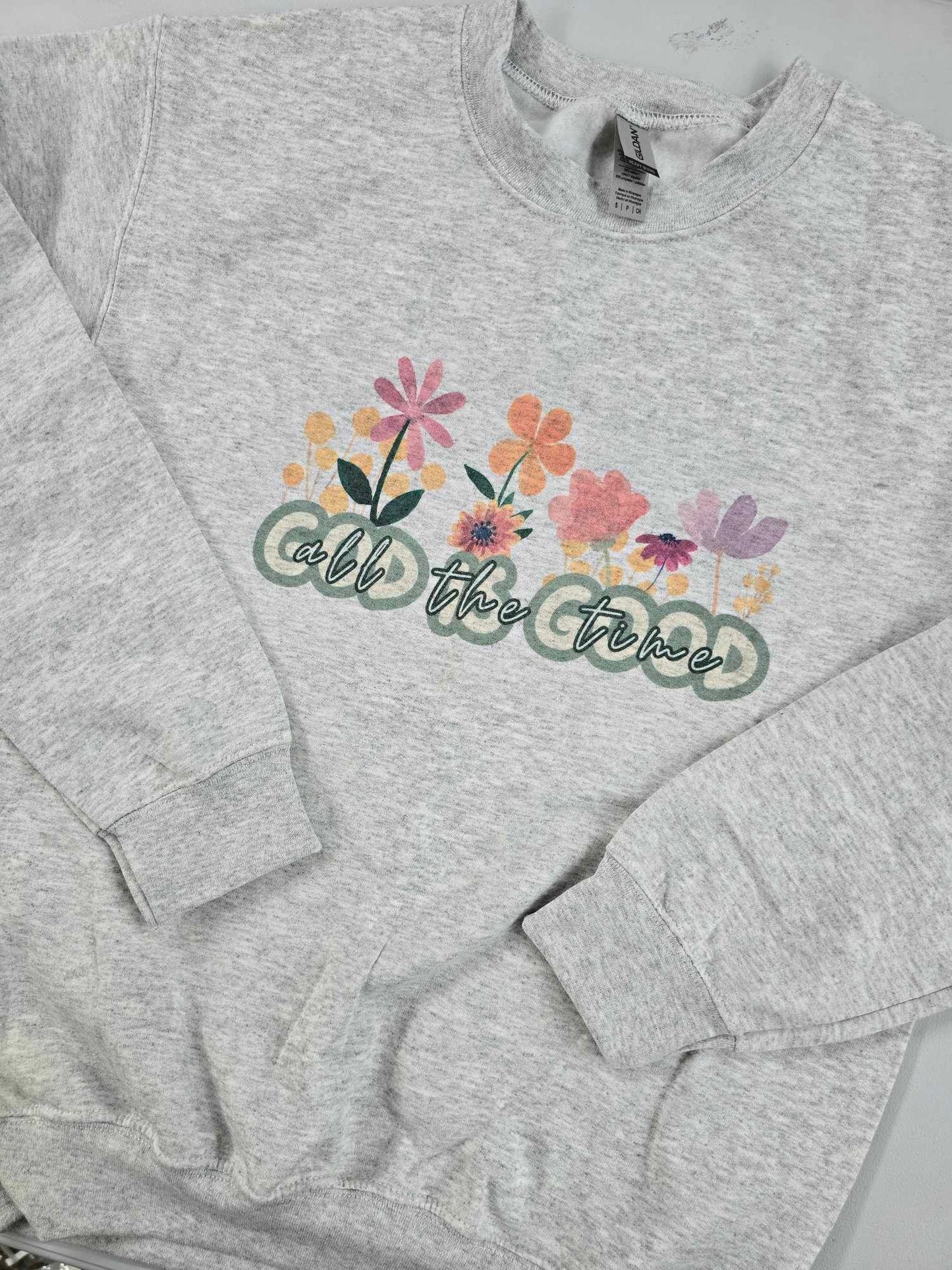 Size Small. God is Good. Pearl Grey Crewneck.