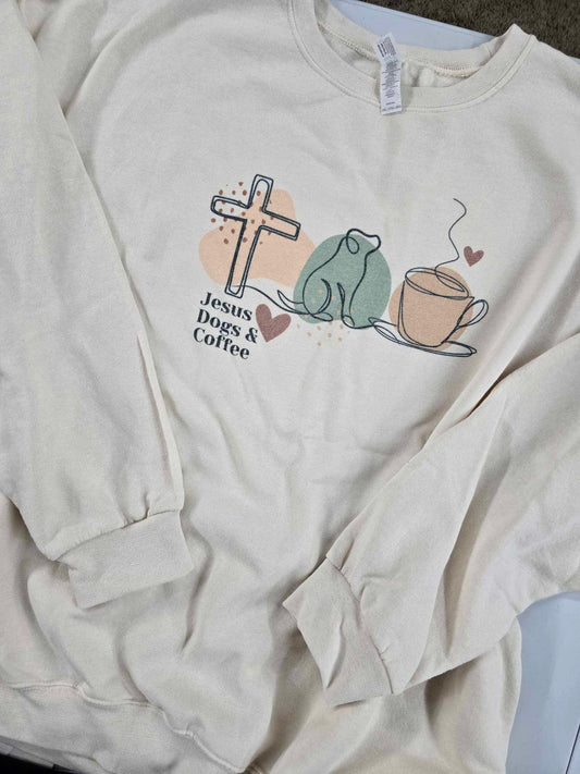 Size 2X. Jesus Dogs and Coffee. Sweet Cream Crewneck.