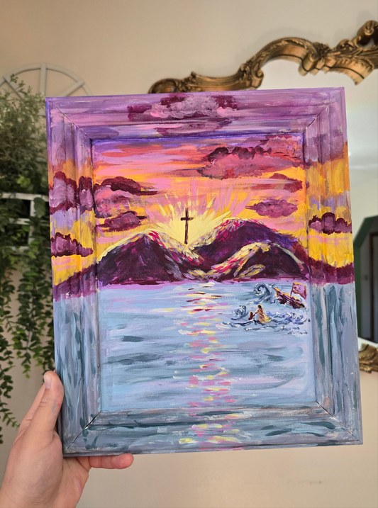 11x13in Don’t be afraid. Matthew 14:22-33. Original Artwork Panel Canvas Inside Painted Wooden Frame.