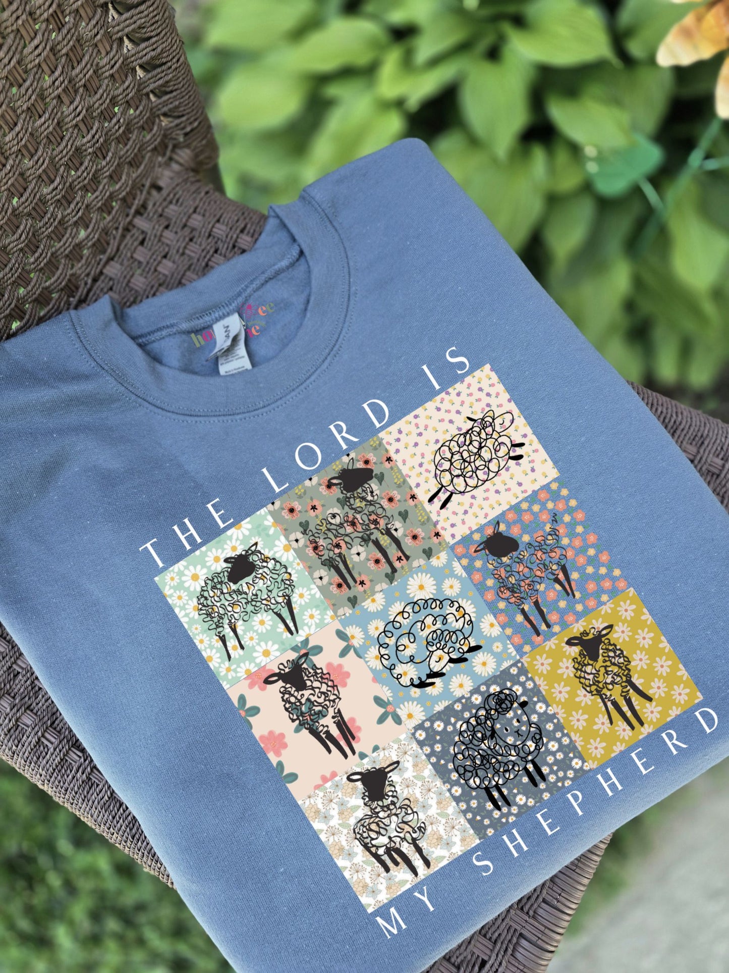 Patchwork The Lord is My Shepherd. Stone Blue Crewneck Sweatshirt.