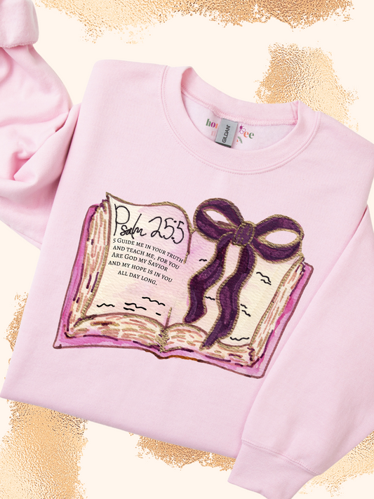 Psalm 25:5 Guide and Teach Me. Petal Pink Crewneck Sweatshirt.