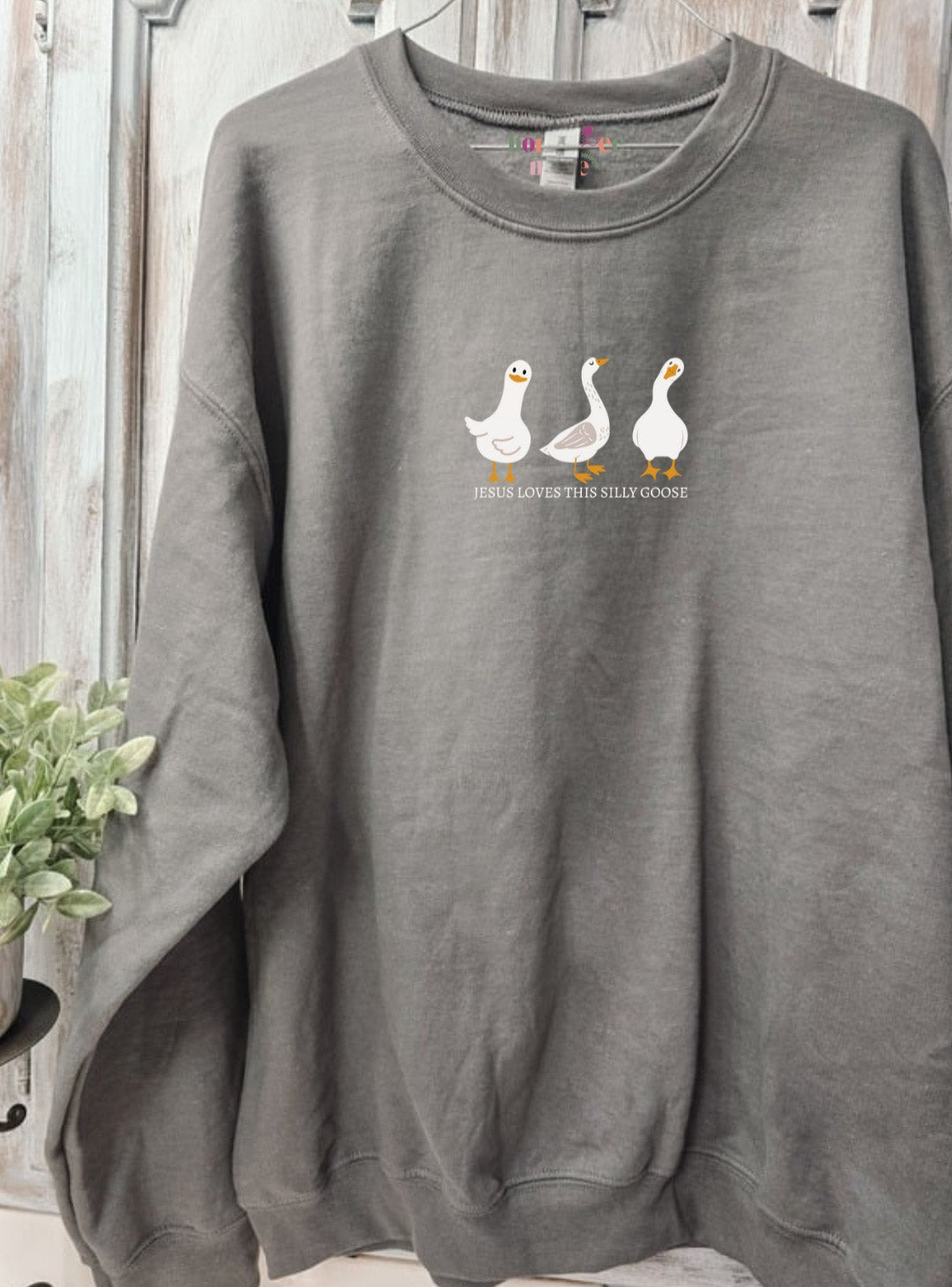 Jesus Loves This Silly Goose. Stone Grey Crewneck Sweatshirt.