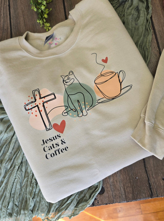 Jesus Cats & Coffee. Sandstone Color Crewneck Sweatshirt.