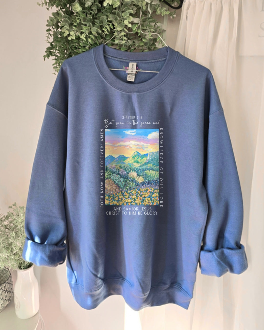 Grow in Grace and Knowledge of The Lord. Stone Blue Crewneck Sweatshirt.