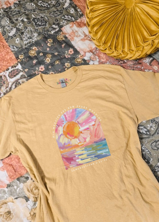 His Mercies are New Every Morning Watercolor Sunset. Vintage Gold Tee.
