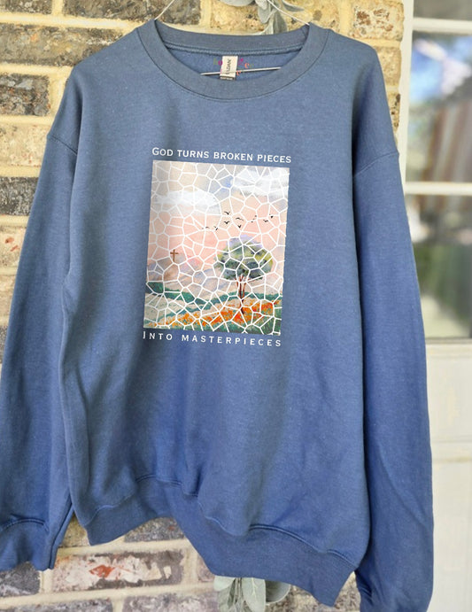 Stone Blue Crewneck Sweatshirt. God Turns Broken Pieces Into Masterpieces.