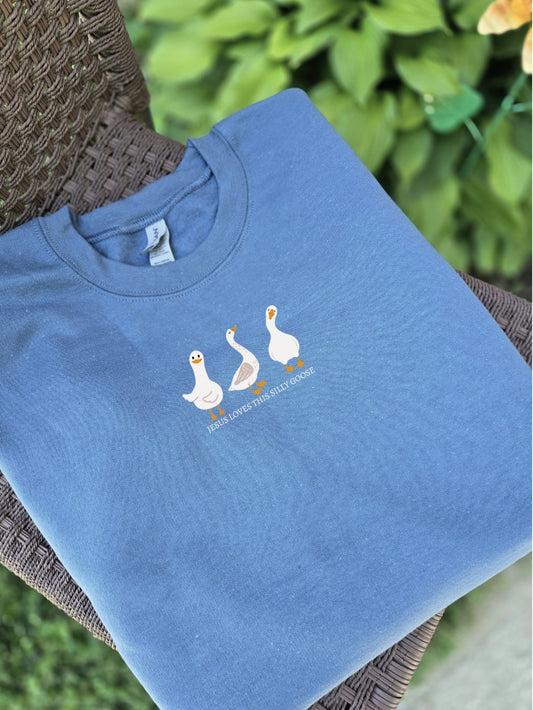 Jesus Loves This Silly Goose. Stone Blue Crewneck Sweatshirt.